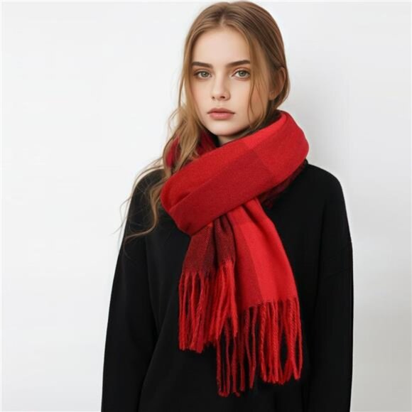 Cashmere Feel Plaid Scarf, Long Blanket Scarf, Red - Picture 1 of 7